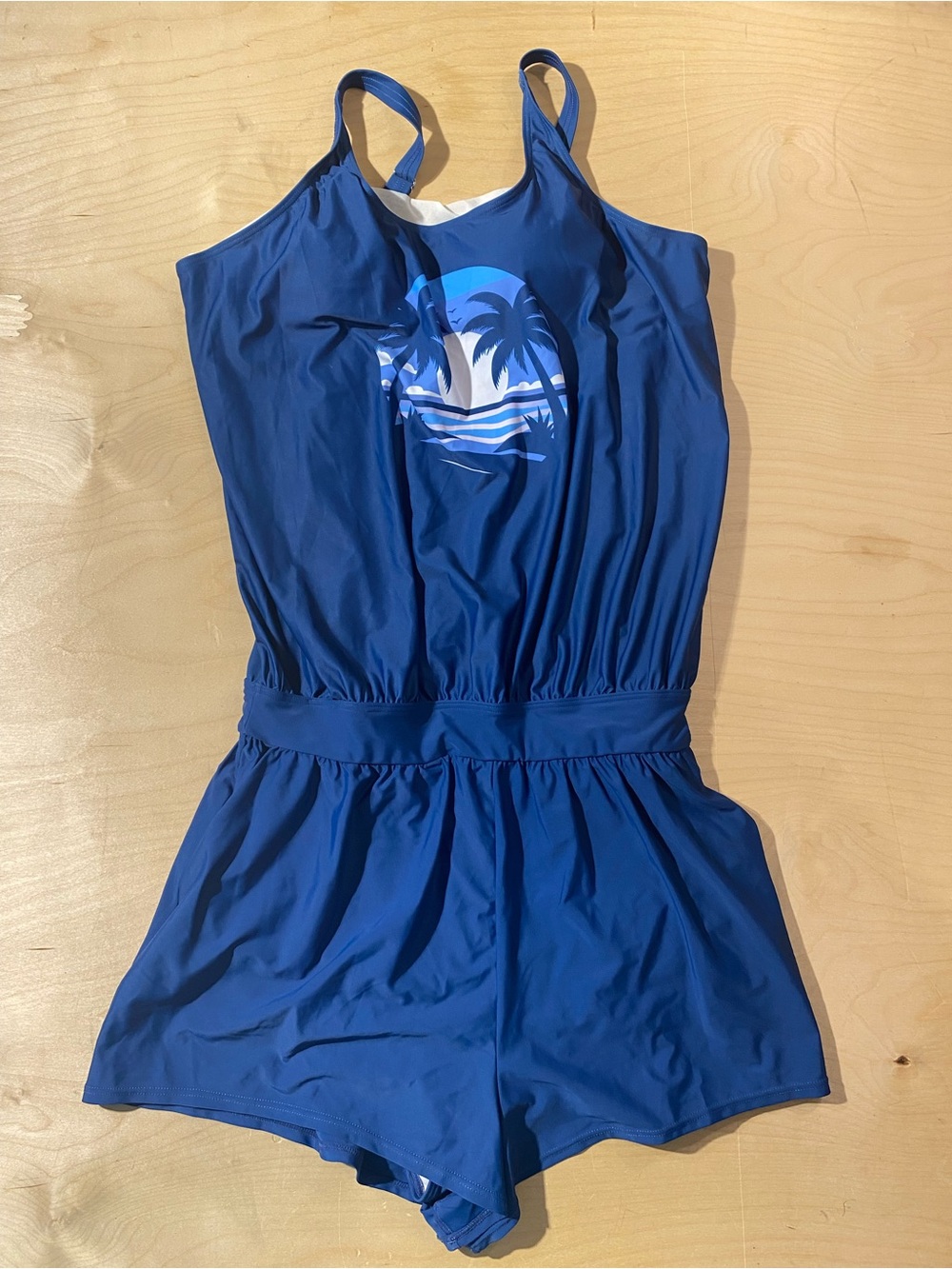 BloomChic Blue One-Piece Swim Romper with Palm Print 14-16 (Z) - Picture 2 of 9